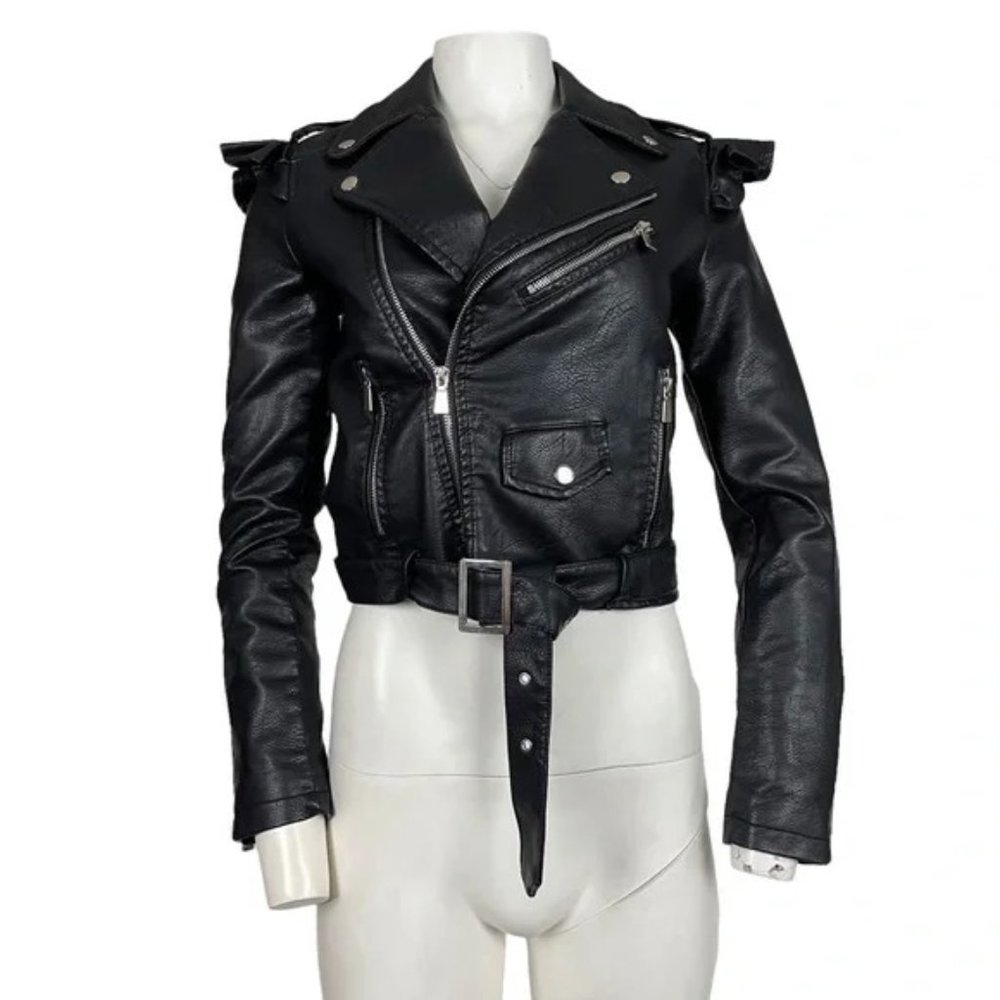 Faux Leather Moto Jacket Belted Ruffle Detail NWT Black Size Medium - Picture 2 of 4